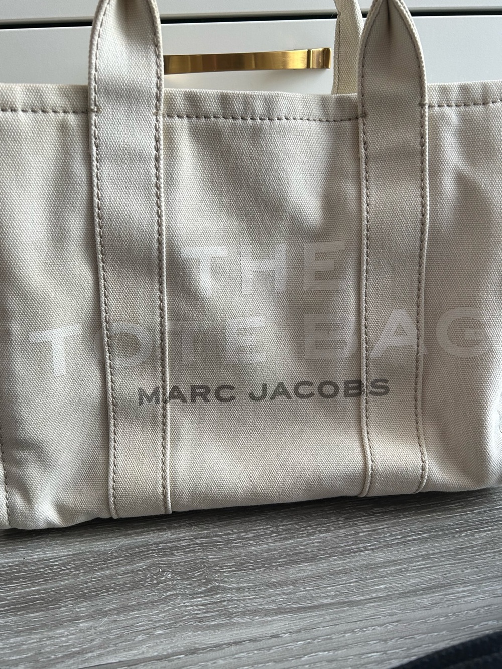 Marc Jacobs Cream/White Canvas The Tote Bag With Black Strap - Picture 3 of 11